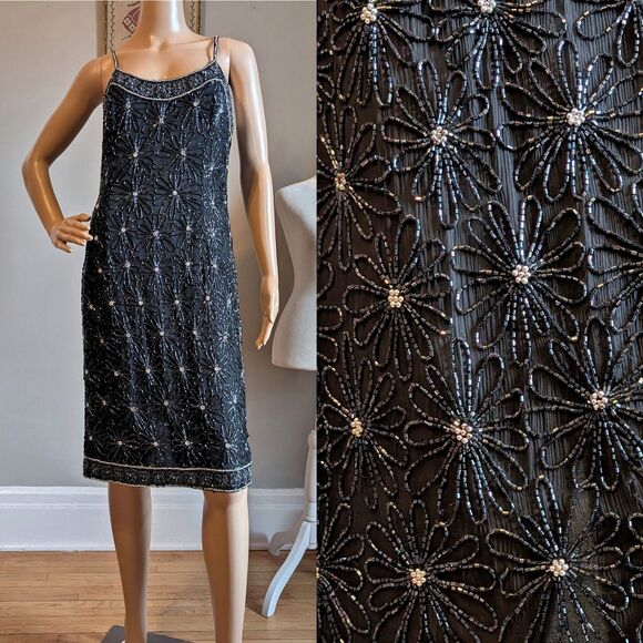 Vintage 90s Papell Boutique Midi Dress Beaded Silk Prom Formal Whimsygoth 10 - Picture 1 of 16